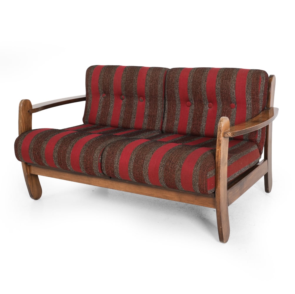 ATTR. SWARZEDZKIE POLISH BEECH LOVESEAT SOFA 1960S: With label of bentwood components company on underside. Dimensions: H 26" x W 51.5" x D 31" x SH 16" Condition: Wear consistent with age and use, including dings and small losses to finish. S020