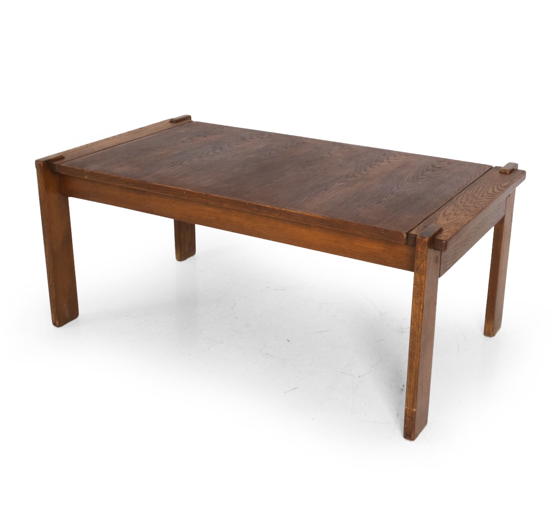 SWARZEDZKIE POLISH OAK COFFEE TABLE C. 1960S: Partial mark presents underneath. Poland, circa 1960s. Dimensions: H 21.5" x W 51" x D 29.25" Condition: Scuffs and scratches, mainly on top surface and edges. Wear of finish in edges and slight disco