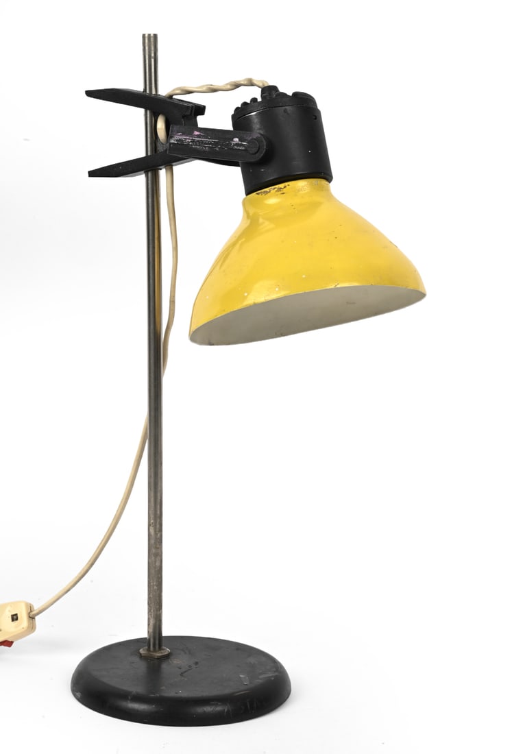 POLAMP BDANSK POLISH ADJUSTABLE TABLE LAMP 1970S: Model 10.B 080 by Polamp Gdansk. Metal frame with adjustable head. Marked underneath. Poland, circa 1970s. Dimensions: H 19.75" x W 11.5" Condition: Scuffs, patina of metal, and wear of finish. Wear c