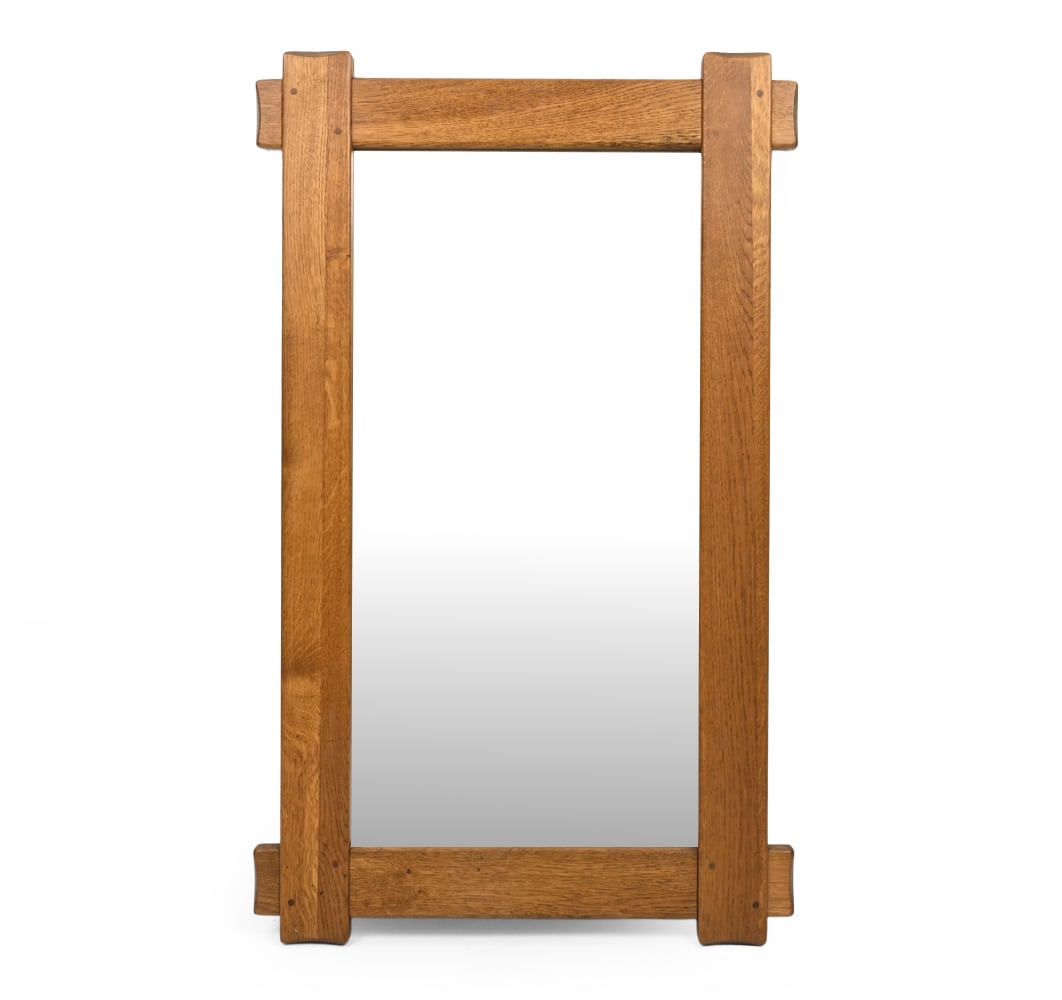 GERMAN OAK MIRROR C. 1970S: Oak frame. Germany, circa 1970s. Dimensions: H 40.5" x W 24.75" Condition: Wear consistent with age and use, including watermarks and minor discoloration. S110