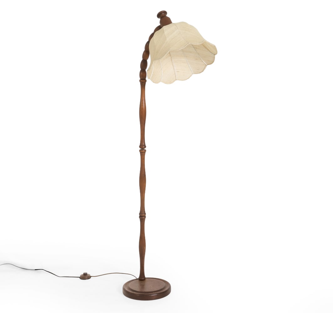 LINUS BOPP GERMAN ADJUSTABLE FLOOR LAMP C. 1970S: Beech with adjustable neck and fabric shade. Marked underneath. Germany, circa 1970s. Dimensions: H 59" x W 22" Condition: Scuffs and scratches. Wiring untested. European plug. Wear consistent with ag