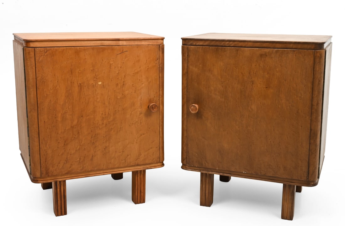 PAIR OF ART DECO WALNUT SIDE CABINETS C. 1940S: Walnut frame. Poland, circa 1940s. Dimensions: H 23" x W 18" x D 15" Condition: With small chips and nicks to finish. Wear consistent with age and use. S122