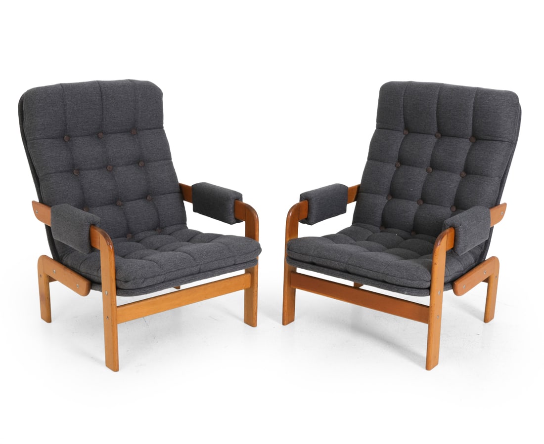 PAIR BRUNO MATHSSON STYLE TEAK ARMCHAIRS C. 1970S: Button tufted cushions. Sweden, circa 1970s. Dimensions: H 33.5" x W 26" x D 26" x SH 12.75" Condition: Spots of discoloration and surface marks to arms and legs. Wear consistent with age and use. S01