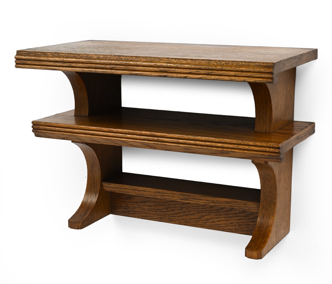 ATTR. SWARZEDZKIE POLISH OAK WALL SHELF C. 1960S: Partial tag marked to backside. Hardware for hanging on back. Poland, circa 1960s. Dimensions: H 14.25" x W 20" x D 10" Condition: Scuffs, watermarks, discoloration. Wear consistent with age and use. 