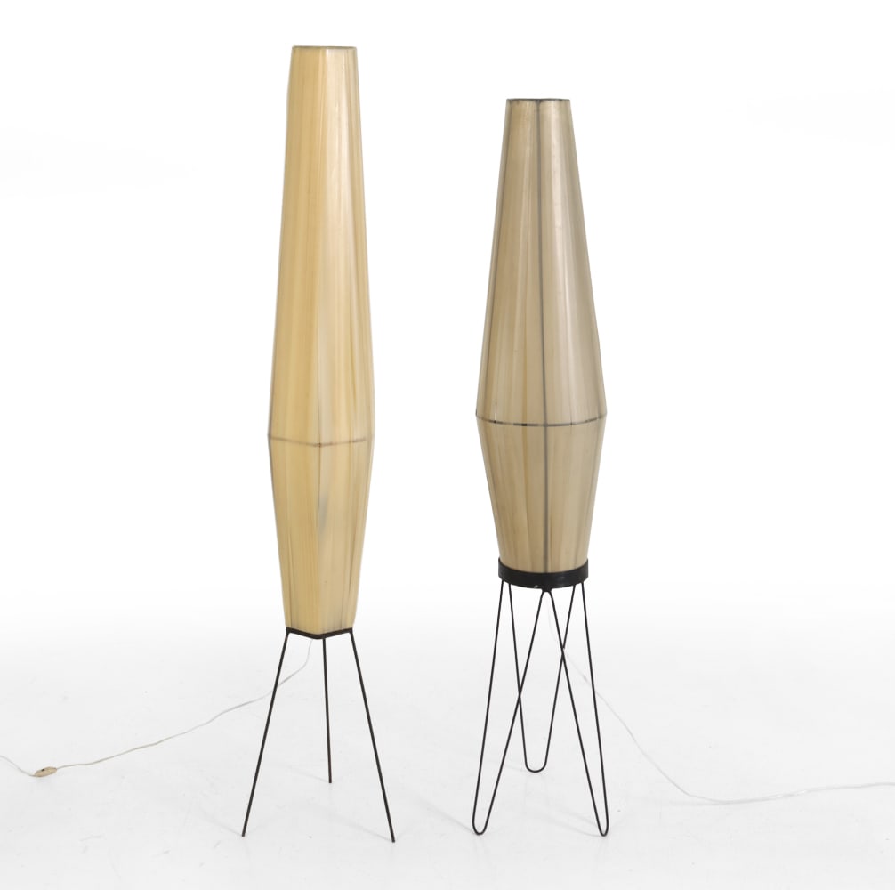 SPACE AGE CZECH ROCKET FLOOR LAMPS C. 1960S: (2) total. Mid-century cocoon style floor lamp. Metal base with plastic strips shade. Czechoslovakia, circa 1960s. Dimensions: (Taller) H 56" x W 10.75" Condition: Scuffs, patina of metal, and plastic