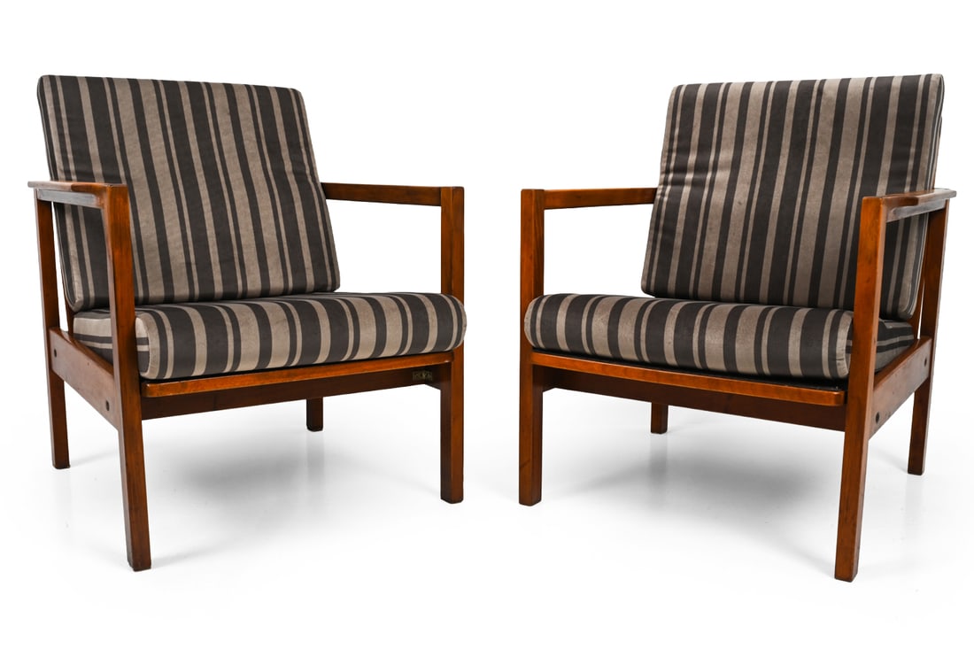 PAIR ZENON BACZYK POLISH BEECH LOUNGE CHAIRS 1960S: Beech frame with stripe upholstered cushions. Poland, circa 1960s. Dimensions: H 31.5" x W 26" x D 28" x SH 15.5" Condition: Scuffs, discoloration and wear of finish on arms. Wear consistent with age 