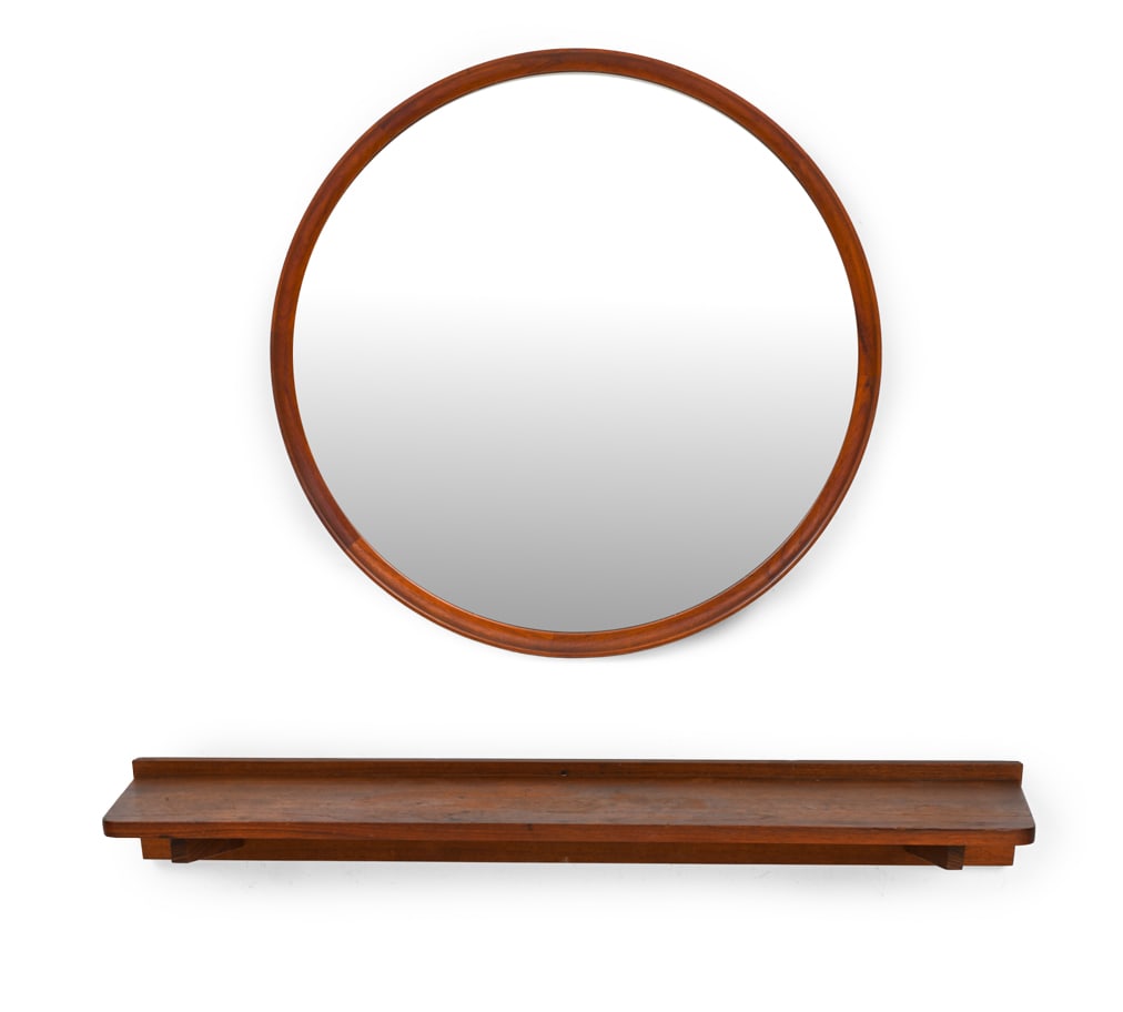 AXEL KJAERSGAARD TEAK MIRROR & SHELF C. 1960S: Apparently unmarked. Denmark, circa 1960s. Dimensions: (Shelf) H 4.25" x W 35.5" x D 8" (Mirror) H 24" x W 24" x D 1.5" Condition: Scuffs, discoloration, wear of finish, and watermarks. Wear consisten