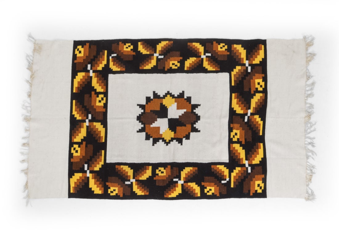 SCANDINAVIAN FLATWEAVE WOOL RUG C. 1970S: Wool rug with a geometric border pattern and fringe ends. Unmarked. Dimensions: L 86" x W 50.5" Condition: Spots of soiling, wear consistent with age and use. PU173