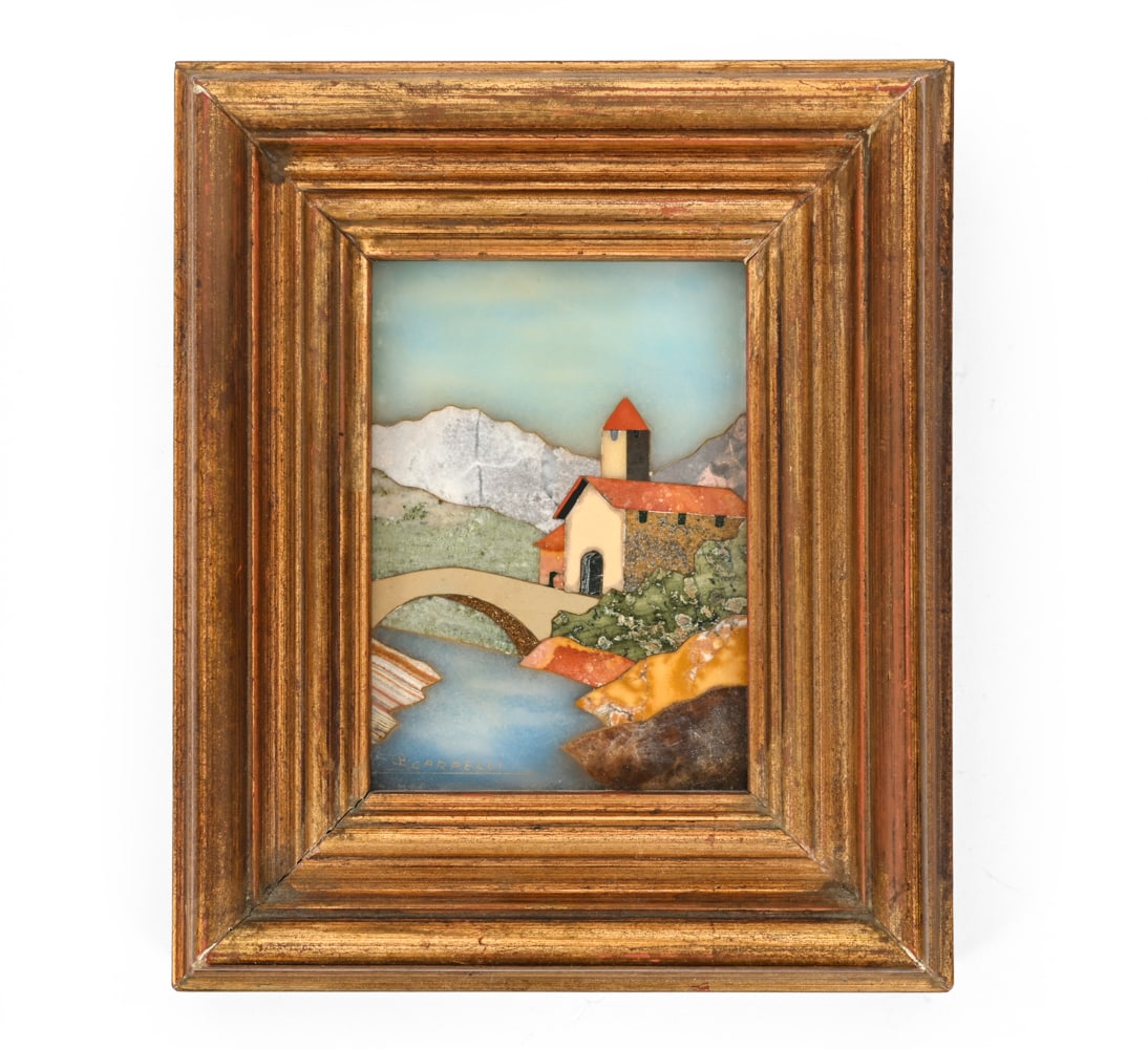 RENZO SCARPELLI LANDSCAPE PIETRA DURA PLAQUE: Signed lower right. Gina Contini glass shop stamp on verso. Dimensions: (Frame) H 6.75" x W 5.75" (Sight) H 3.75" x W 2.75" Condition: Wear consistent with age.