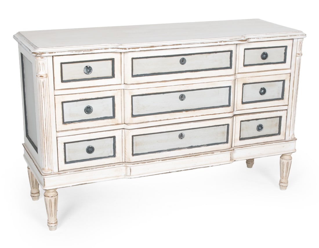 LOUIS XVI-STYLE WISTERIA CHEST OF DRAWERS: Marked inside first drawer. Carved wood with painted and distressed finish. 20th century. Dimensions: H 32 " x W 48.5 " x D 16.5 " Condition: Wear consistent with use and age. Minor scuffs. Minor fini