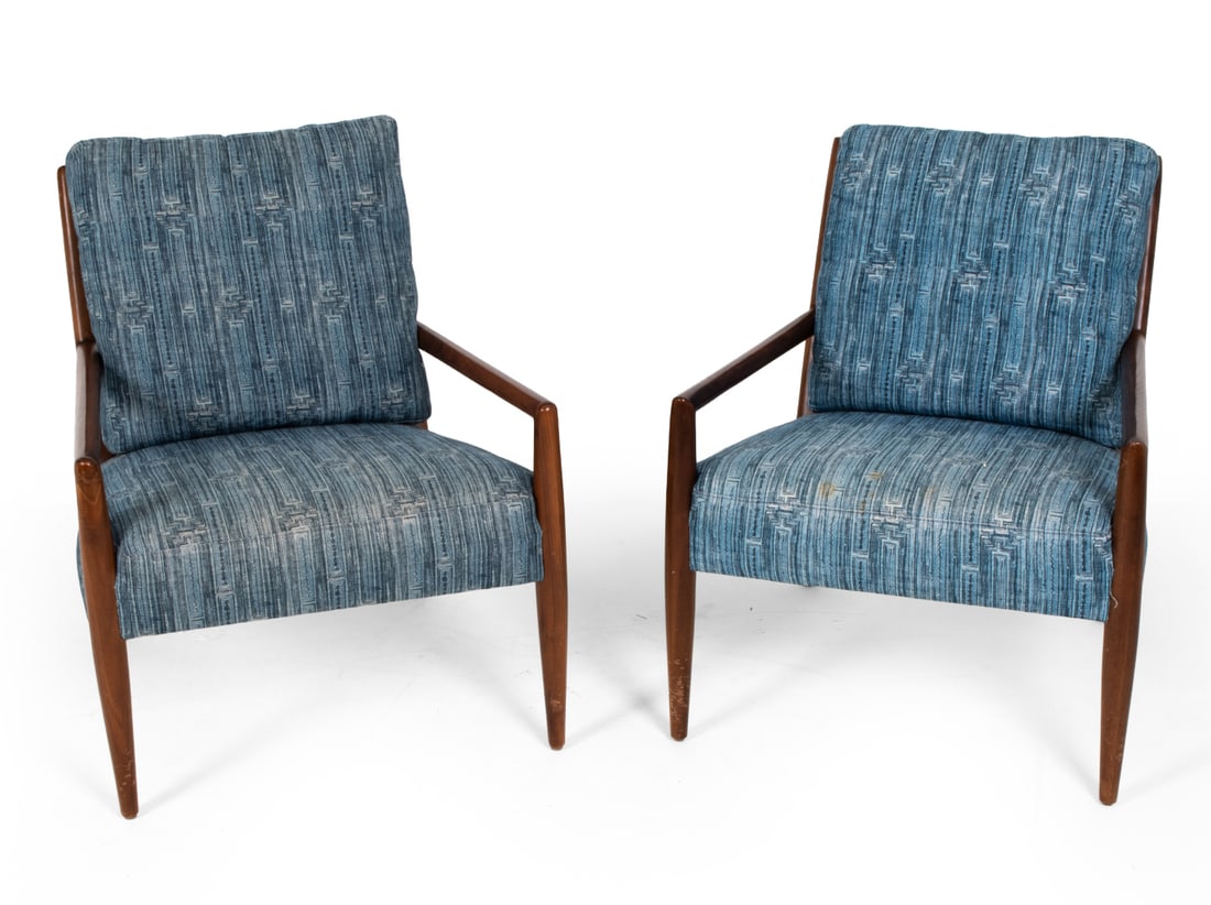 PAIR OF MID-CENTURY ITALIAN STYLE ARM CHAIRS: Walnut frame with blue pattern upholstery. Apparently unmarked. 20th century. Dimensions: H 31" x W 26" x D 29" x SH 17" Condition: Scuffs and dings to wood, some fraying and discoloration to fabric.