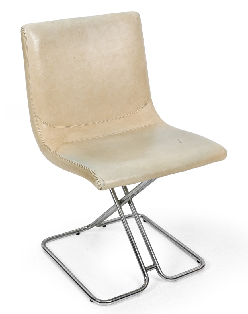 ITALIAN CHROME & LEATHER CHAIR: Chrome frame with white leather upholstery. 20th century. Dimensions: H 30" x W 18" x D 17" x SH 17" Condition: Scuffs, scratches, and small holes in leather. Wear consistent with age and use.