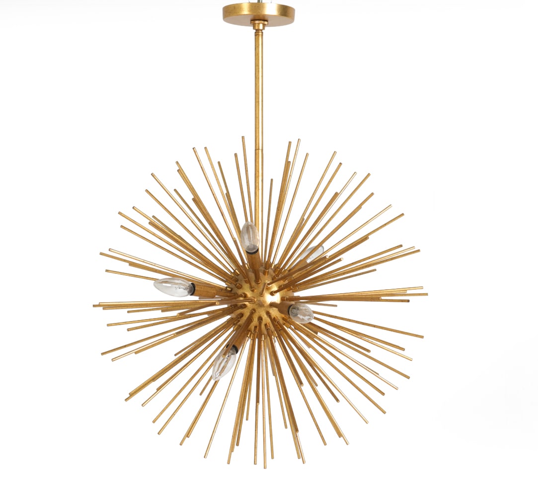 SPUTNIK STYLE CONTEMPORARY PENDANT CHANDELIER: Features a starburst design with dozens of rods radiating from central sphere. Apparently unmarked. Dimensions: H 36" x Dia 25" Condition: Wear consistent with age and use. Wiring untested. Some