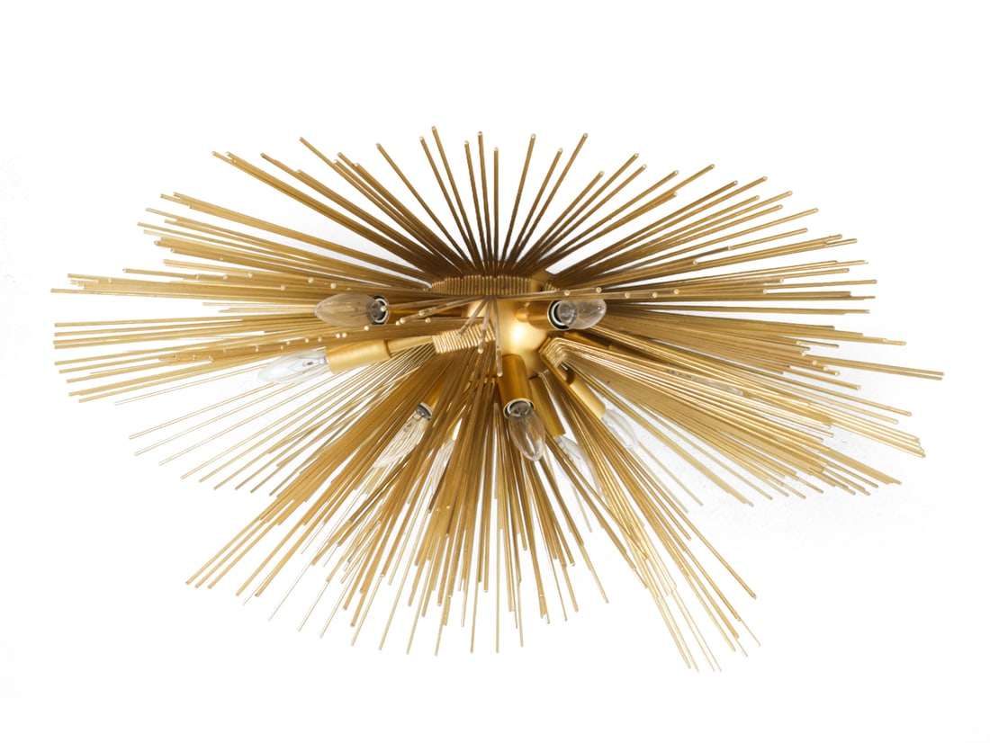 URCHIN STYLE SUNBURST CEILING LIGHT: Brass tone ceiling light featuring many radiating quills. Apparently unmarked. Dimensions: H 12.75" x Dia 26.5" Condition: Rubs, scratches, light surface wear consistent with age and use.
