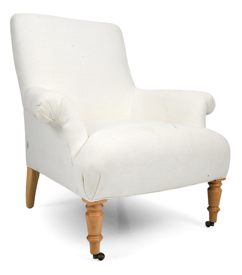 SERENA & LILY "AVIGNON" CHAIR: Upholstery is perennials basket weave in white with maple wood legs and casters on the front two legs. Marked underneath. Contemporary Dimensions: H 34.5" x W 31.5" x D 34" Condition: Scuffs, some sta