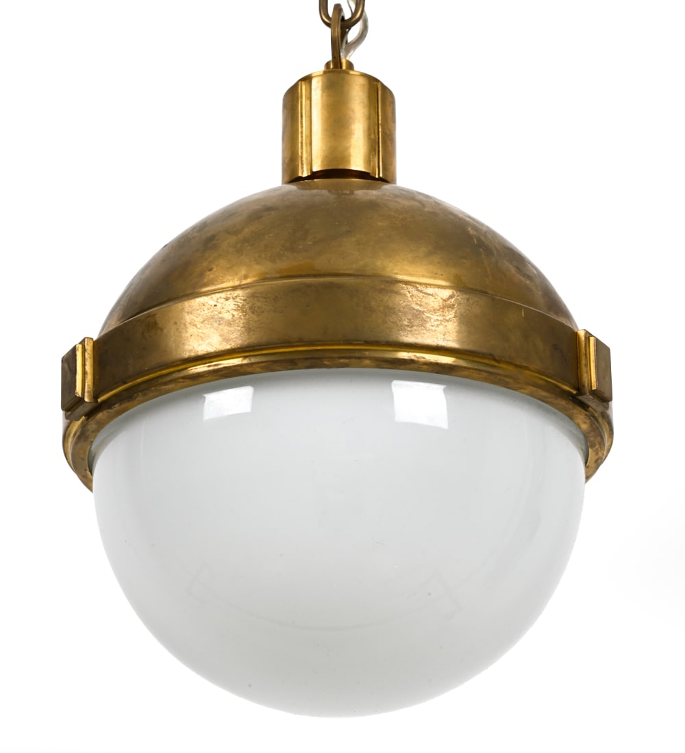 HUDSON VALLEY LIGHTING LAMBERT PENDANT LIGHT: Apparently unmarked. Brass fixture and white glass globe light. Dimensions: H 12" x W 9" Condition: Wear consistent with age and use. Wiring untested. Scuffs, patina to brass.