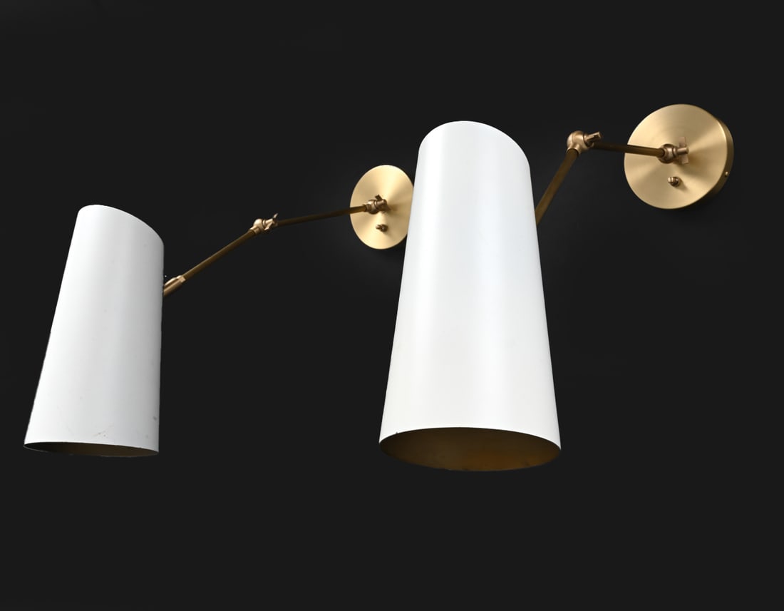 PAIR OF REJUVENATION CYPRESS WALL SCONCES: Designed with an articulating arm and directional lighting. Apparently unmarked. Dimensions: H 17" x W 11" x D 5" Condition: Wear consistent with age and use. Wiring untested.