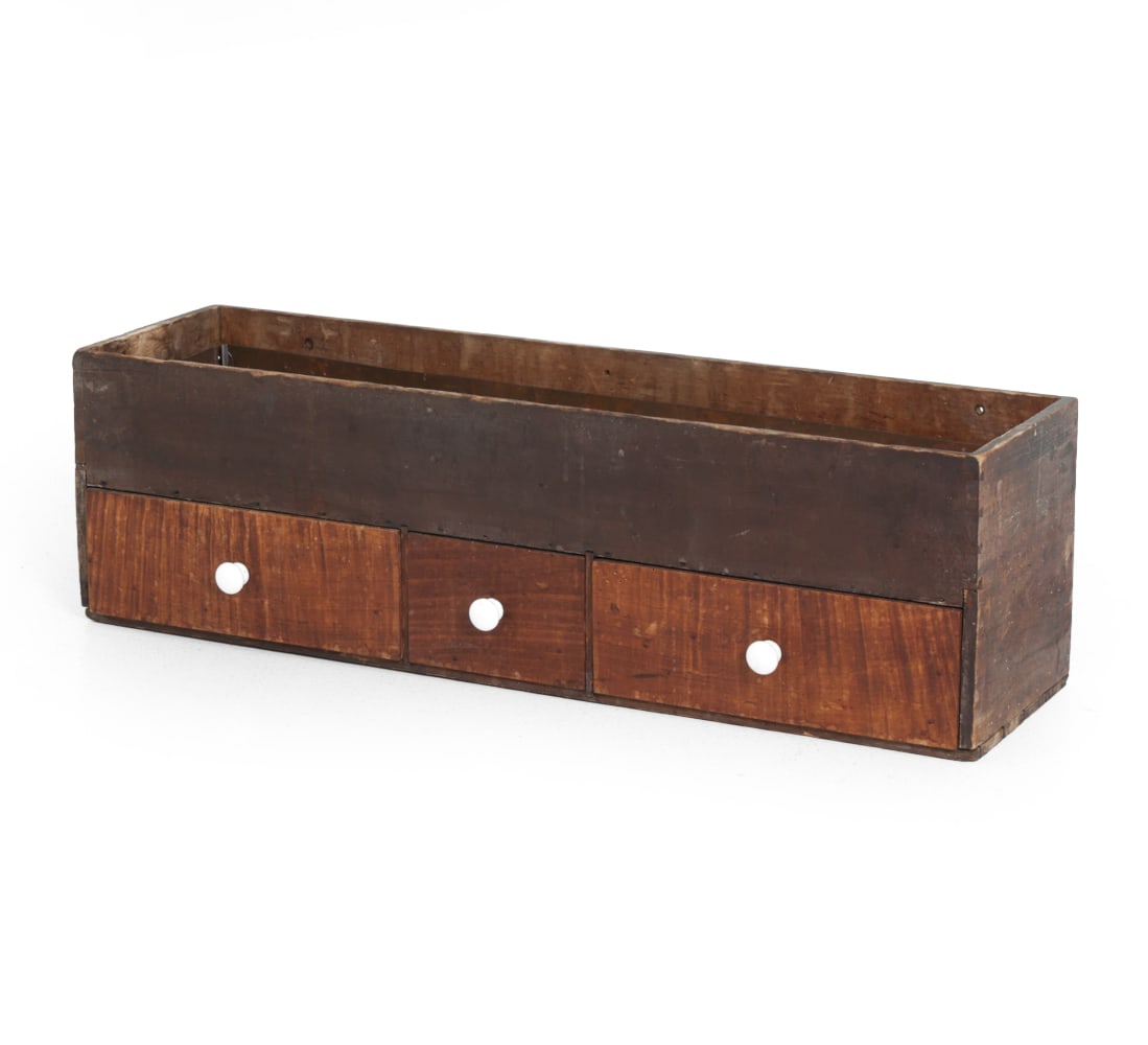 ANTIQUE COPPER LINED WOODEN PLANTER: Features three drawers and copper tray. Dimensions: H 10 " x W 32 " x D 8.5 " Condition: Wear consistent with age and use. Fading, discoloration, scuffs, scratches, soiling, nicks,