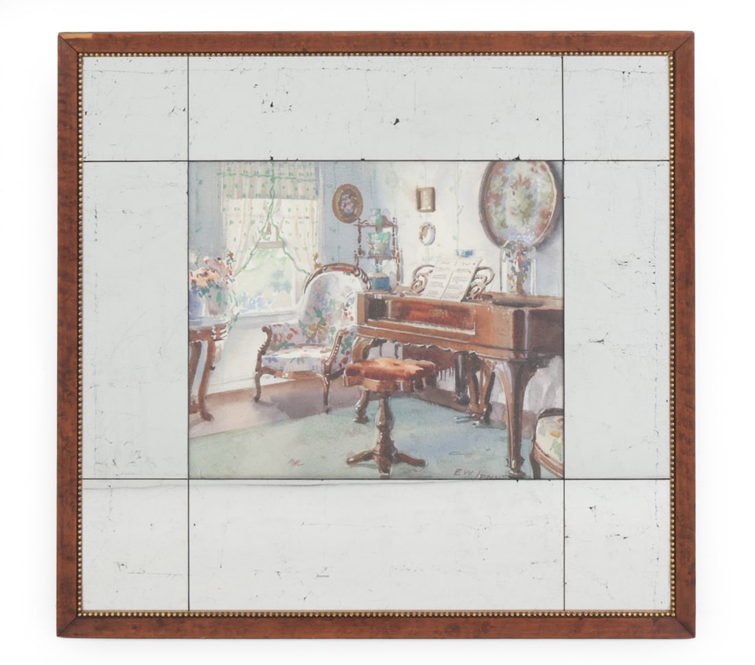 EDGAR W. JENNEY (1869-1939) WATERCOLOR: Titled "Mrs. Buckner music room" on verso, signed lower right. Walter G. Poliak label on verso. Dimensions: (Frame) H 22.25" x W 23.25" (Sight) H 11.75" x W 13.5" Condition: Wear consistent with age. 