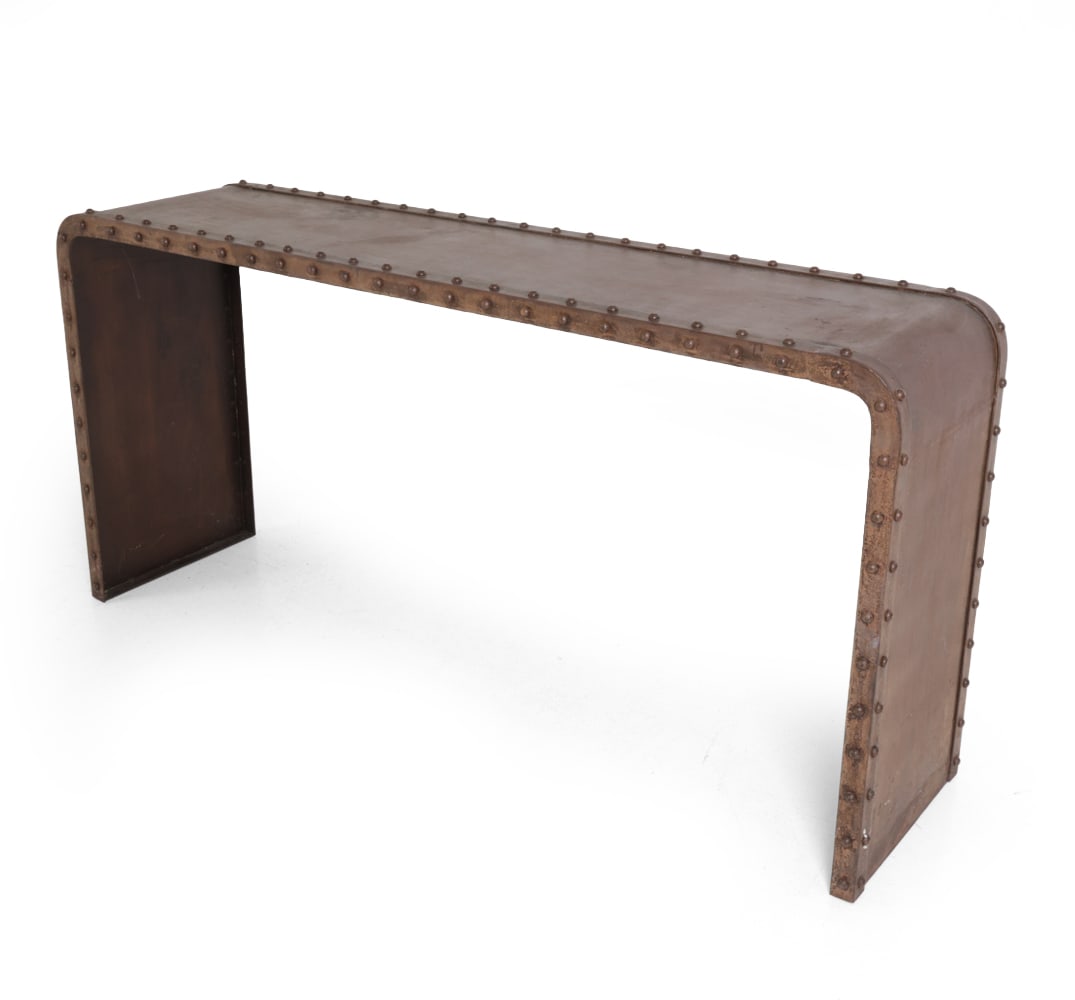 INDUSTRIAL-STYLE IRON CONSOLE TABLE: Distressed iron with nail head trim. 20th century. Dimensions: H 34.75" x W 72.5" x D 18.25" Condition: Scuffs, scratches, and discoloration. Wear consistent with age and use.