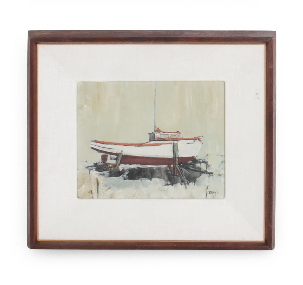 BAILEY (AMERICAN) ABSTRACT BOAT O/C PAINTING 1961: Signed, dated '61 lower right. Oil on canvas. Dimensions: (Frame) H 16" x W 17.75" (Sight) H 18.5" x W 10.5" Condition: Wear consistent with age. Some marks to mat. Scuffs to frame.