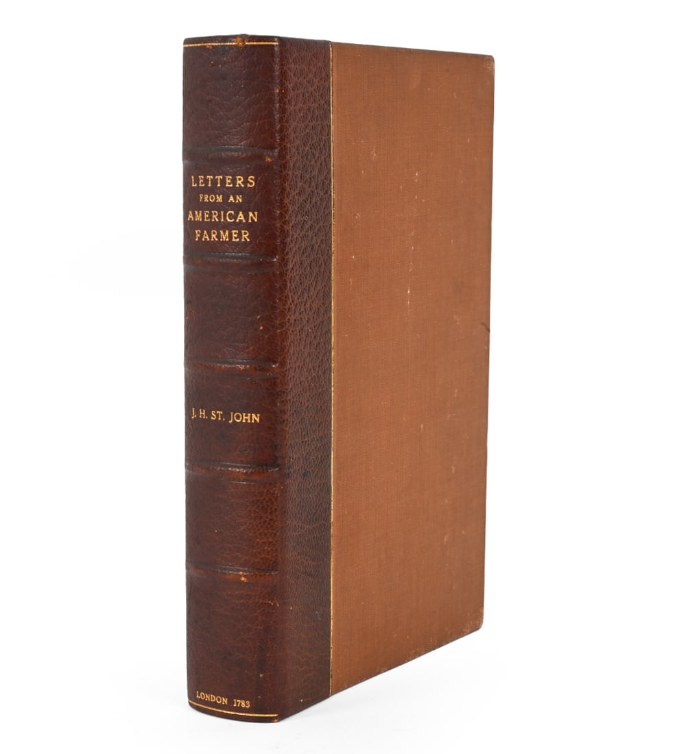 1783 J. H. ST. JOHN LETTER FROM AN AMERICAN FARMER: Book by J. Hector St. John. The book is a series of twelve letters discussing American identity, manners, customs, and life in the British colonies. Circa 1783. Dimensions: H 9 " x W 5.75 " Condition: