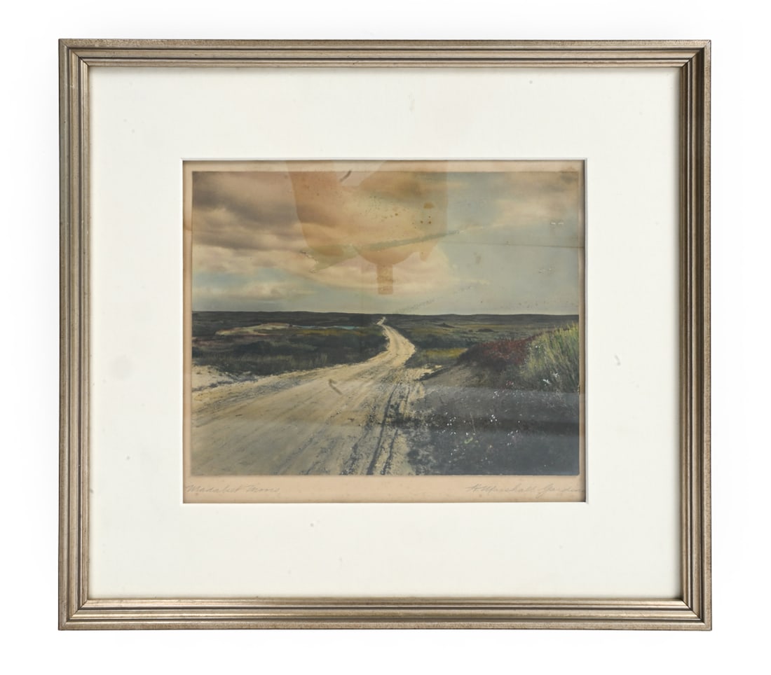 MARSHALL GARDINER (1883-1942) NANTUCKET PHOTOGRAPH: Signed, titled lower margin. Hand colored. Early 1900s Dimensions: (Frame) H 14" x W 15.5" (Sight) H 8.75" x W 9.75" Condition: Wear consistent with age. Watermarks, buckling, soiling, toning,