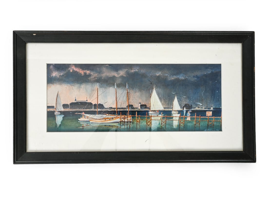 JOHN HUTCHINSON (UK, 1935-2018) WATERCOLOR: Signed. dated '88 lower right. A view of Nantucket, Titled "Storm over Coatue" on verso. Sailor's valentine gallery label on verso. Dimensions: (Frame) H 11.5" x W 21" (Sight) H 6" x W 15.25"