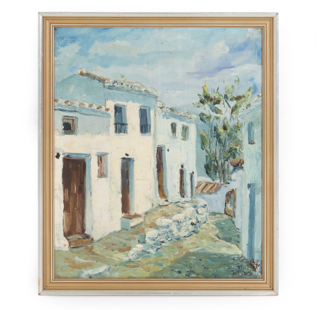 C. VAZQUEZ (SPANISH) MIJAS LANDSCAPE O/C PAINTING: Signed, Inscribed, dated 1966 on verso and lower right. Oil on canvas. Dimensions: (Frame) H 26.5" x W 22.25" (Sight) H 23.5" x W 19.25" Condition: Wear consistent with age. Scuffs, rubs, paint loss