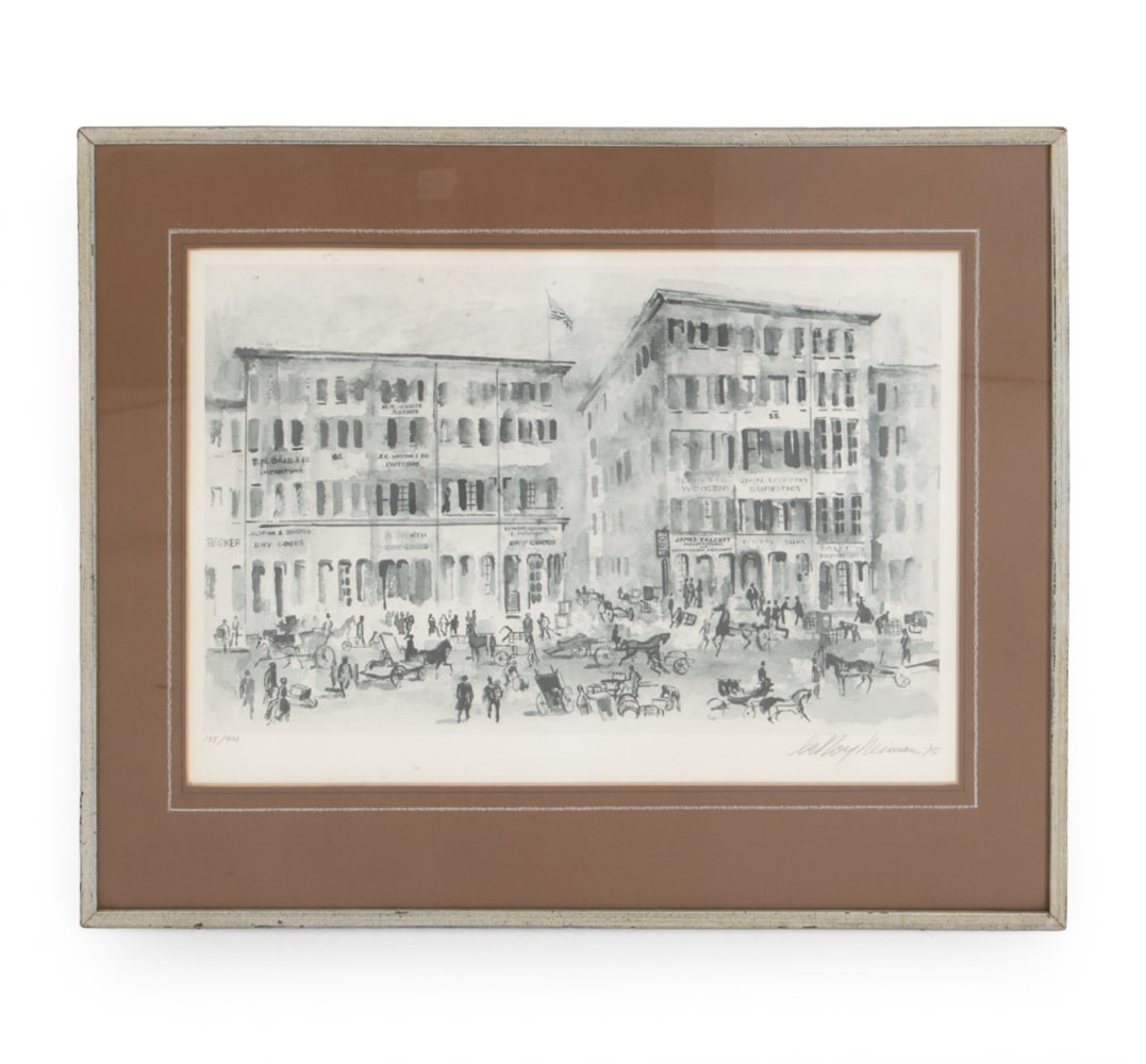 LEROY NEIMAN (1921-2012 ) CITYSCAPE PRINT: Signed, dated '75, numbered 105/400 lower left. Left Bank Antiques and Art Gallery label and biography note on verso. Dimensions: (Frame) H x W (Sight) H x W Condition: Wear consistent with age.