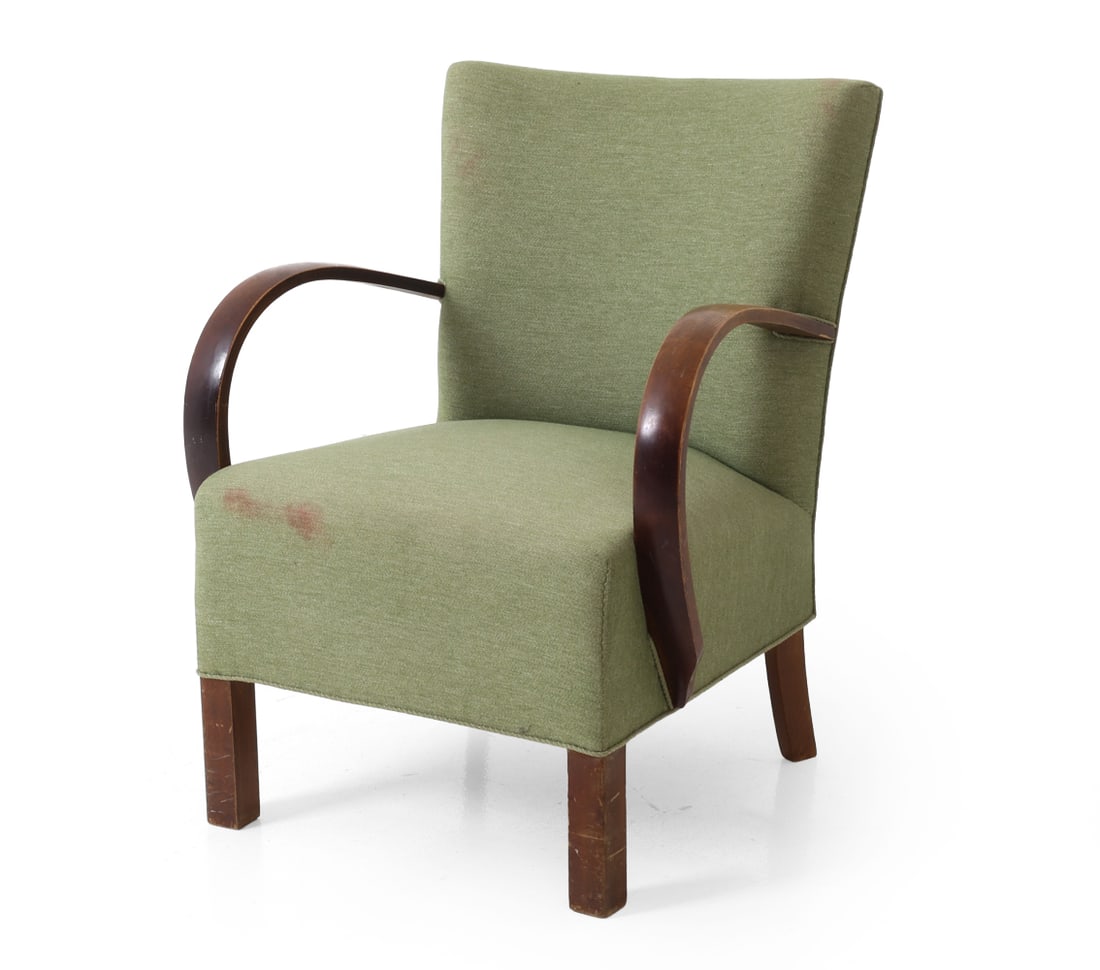 HALABALA STYLE CZECH LOUNGE CHAIR C. 1940S: Lounge chair with sculptural curved beech arms and green upholstery. Czechoslovakia, circa 1940s. Dimensions: H 34.5" x W 26.5" x D 25" x SH 18". Condition: Discolored areas to fabric. Few paint