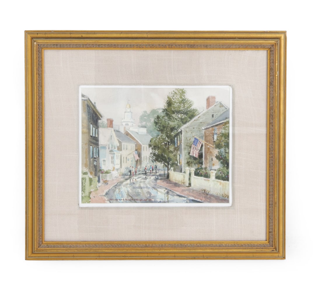 DONALD ALLEN MOSHER (1945-2014) VIEW OF NANTUCKET: Signed lower margin. Mosher Gallery label on verso. Watercolor on board. Dimensions: (Frame) H 15.5" x W 17.5" (Sight) H 7.75" x W 9.75" Condition: Wear consistent with age.Scuffs, rubs, minor paint l