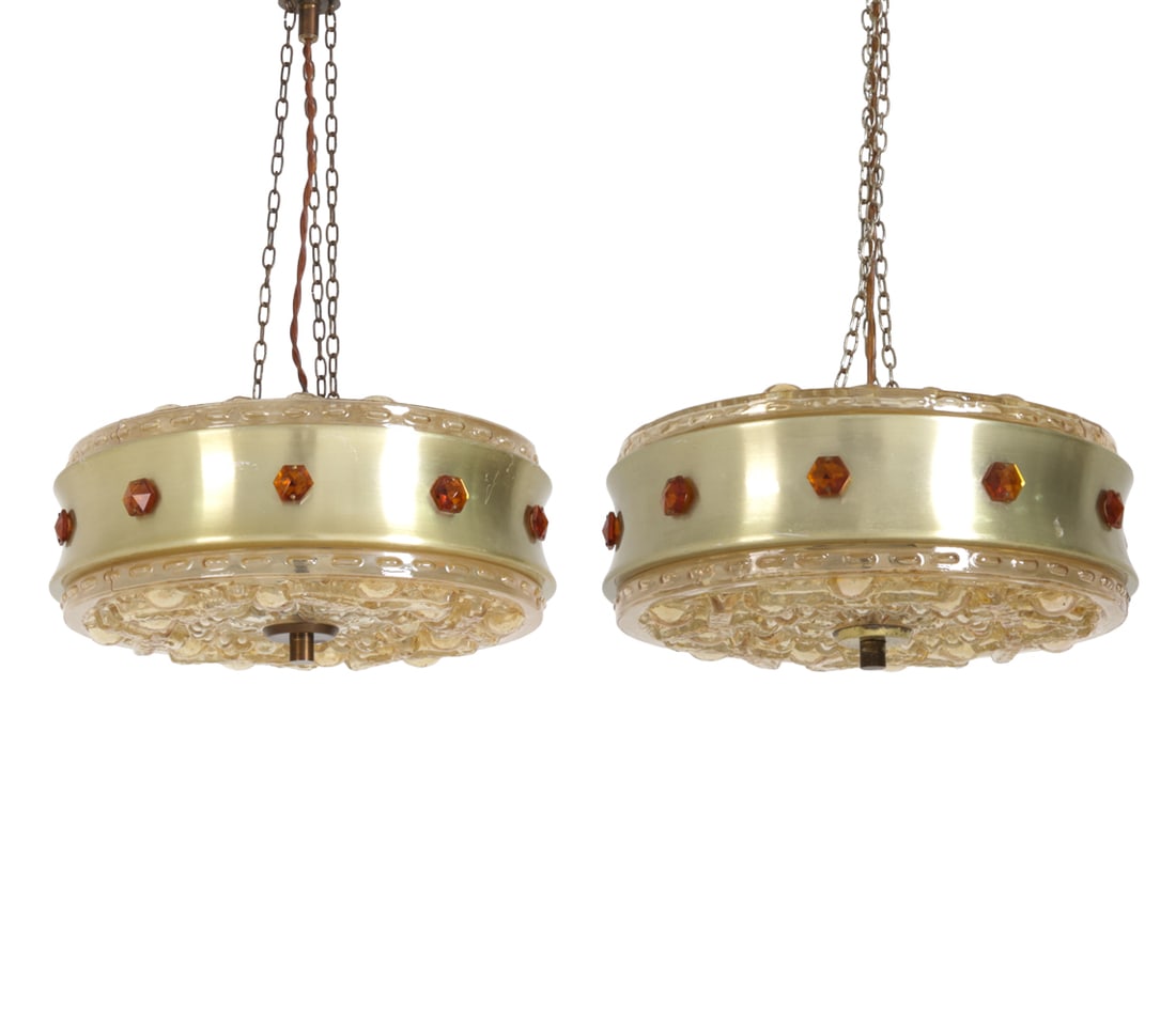 PAIR OF VITRIKA BRASS & GLASS CHANDELIERS C. 1960S: Molded glass and brass. Apparently unmarked. Denmark, circa 1960s. Dimensions: H 21.5" x W 12.5" x D 12.5" Condition: Scuffs and patina on brass. Untested. Wear consistent with age and use.