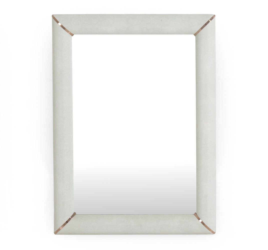 ADRIANNA FAUX SHAGREEN WALL MIRROR: Faux shagreen textured frame with copper metal accents. 20th century. Dimensions: H 36.75" x W 26.5". Condition: Light scuffs. Discolored spots to frame. Wear consistent with age and use.
