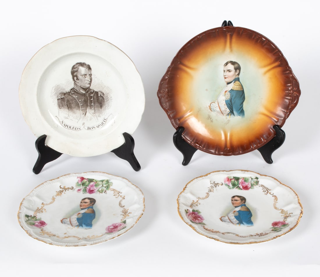 NAPOLEAN PORTRAIT PLATES: Includes (4) pieces. (2) are labeled Bavaria underneath. Dimensions: (largest) H 1" x W 10" x D 9.25" Condition: Showing varying stages of wear consistent with age and display.