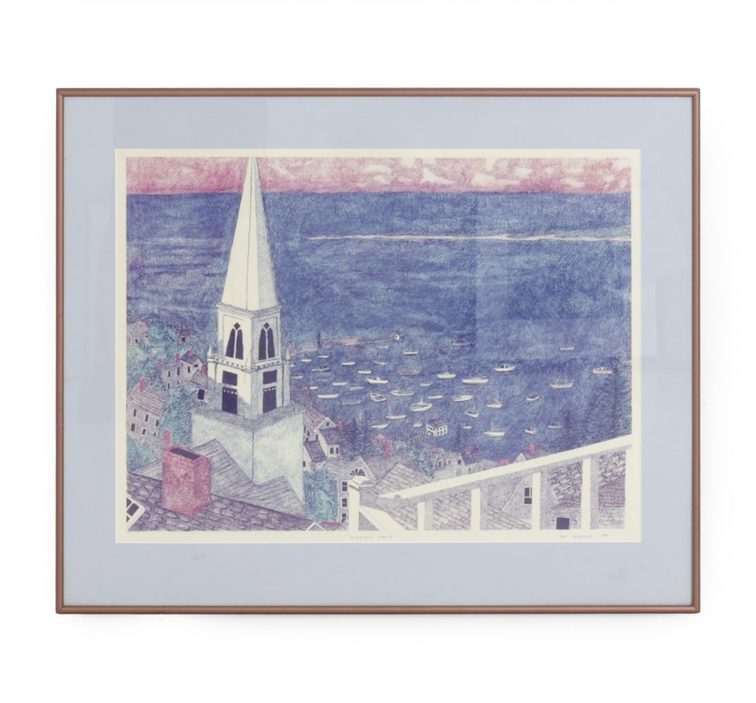 AMY JENNINGS HARBOR PRINT: Signed, dated 1995, titled "Afternoon Harbor" lower margin. Miller -off- Main street Galleries label on verso. Dimensions: (Frame) H 24" x W 29.25" (Sight) H 18" x W 23.75" Condition: Wear consistent 