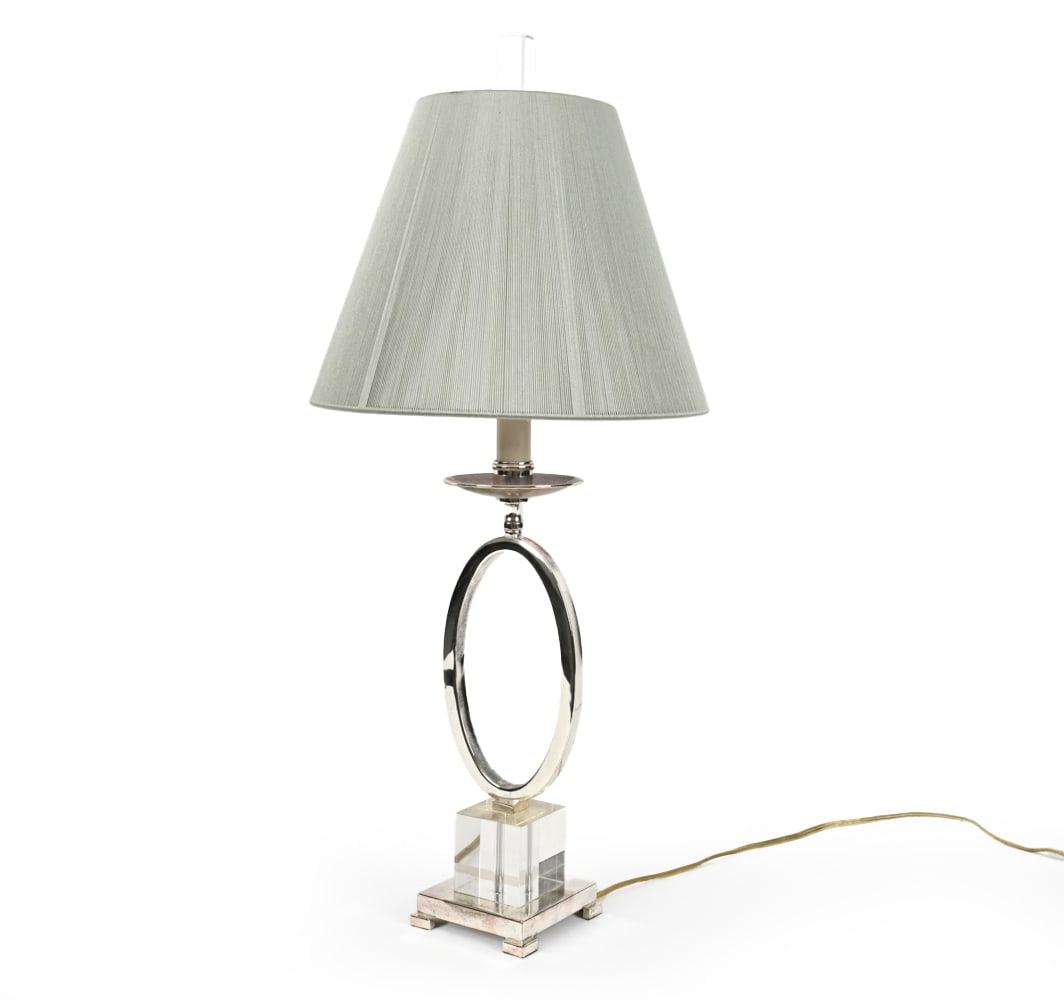 ACRYLIC & CHROME TABLE LAMP: Acrylic base with chrome metal neck and top. Light blue shade with string detail. 20th century Dimensions: H 32" x W 14" Condition: Patina of metal and scuffs. Untested. Wear consistent with age and u