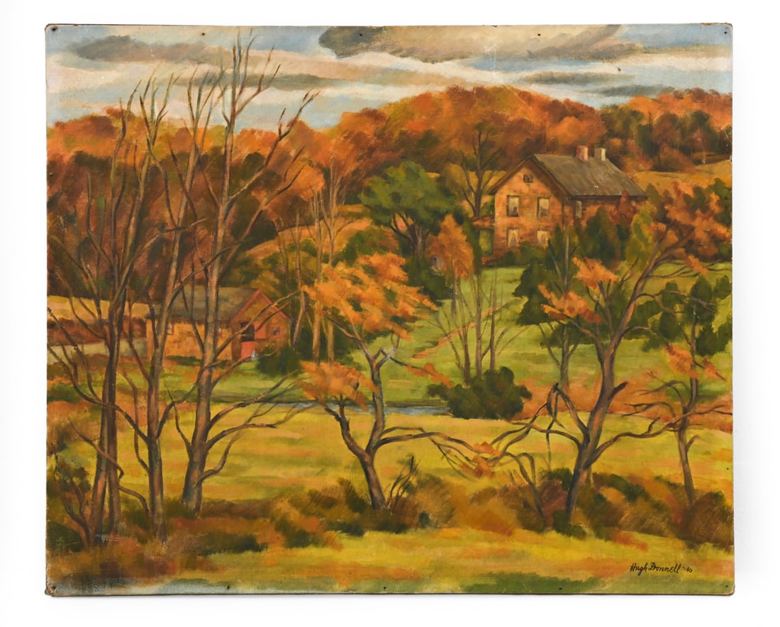 HUGH DONNELL (1899-1977) AUTUMN LANDSCAPE O/B: Signed and dated 1940 on bottom right hand corner and marked on backside. Depicts Connecticut. Dimensions: H 20" x W 24.25" Condition: Wear of finish and fraying around edges of board. some
