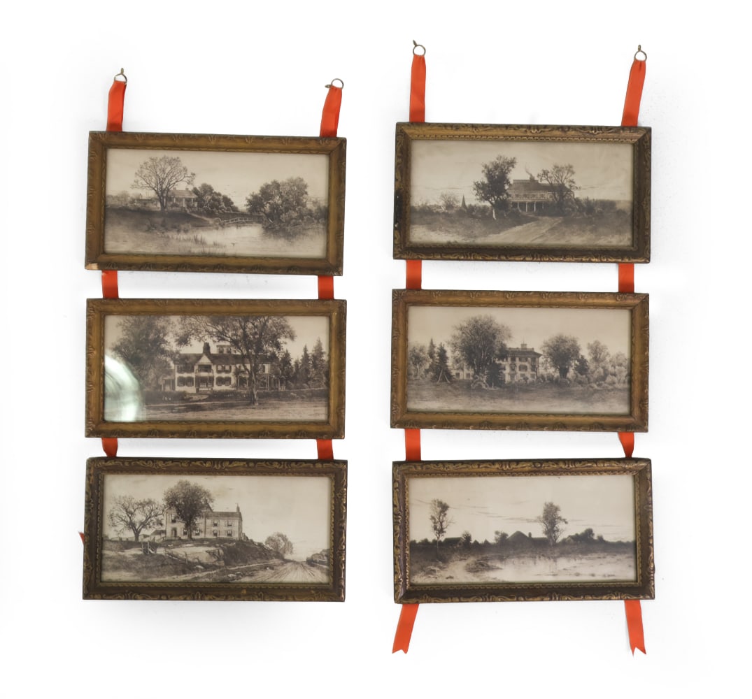 PRINTS OF19TH CENTURY AUTHORS HOUSES: 6 house prints. Homes of famous writers, like Edgar Allan Poe, William Bryant, etc. Most are marked with house name and owner. Early 20th century. Dimensions: H 8.5" x W 16" Condition: Showing signs