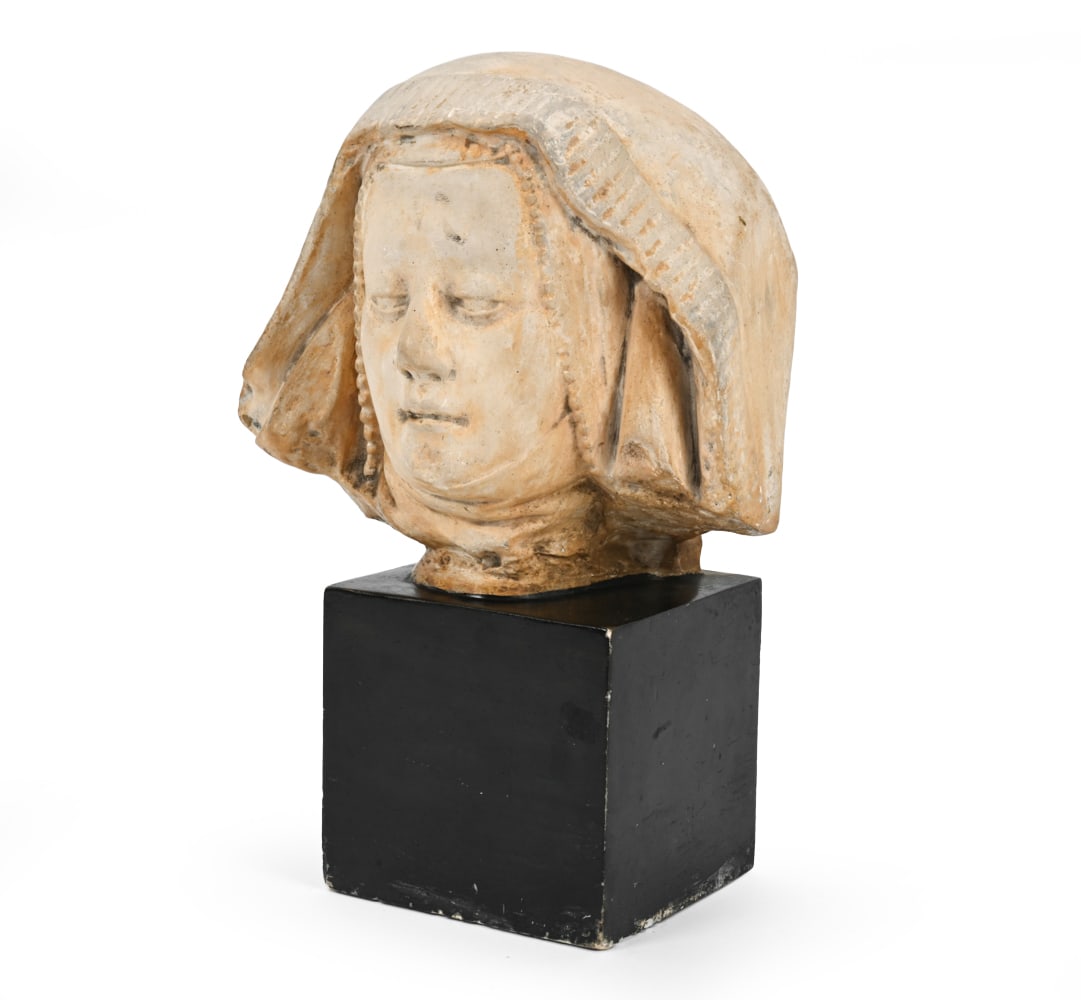 PLASTER MEDIEVAL WOMANS HEAD SCULPTURE: Made of patinated plaster with a black-painted plaster base. Marked underneath "Made in France". France, 20th century. Dimensions: H 14.5" x W 9" x D 5.75" Condition: Scuffs, dings, wear of finish,
