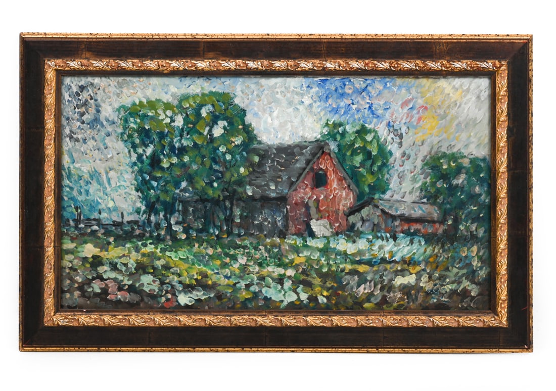 20TH C. O/B LANDSCAPE PAINTING: Impressionist landscape painting. Oil on masonite board. Unsigned. Dimensions: (frame) H 16" x W 26" (board) H 12" x W 22" Condition: Wear consistent with age.
