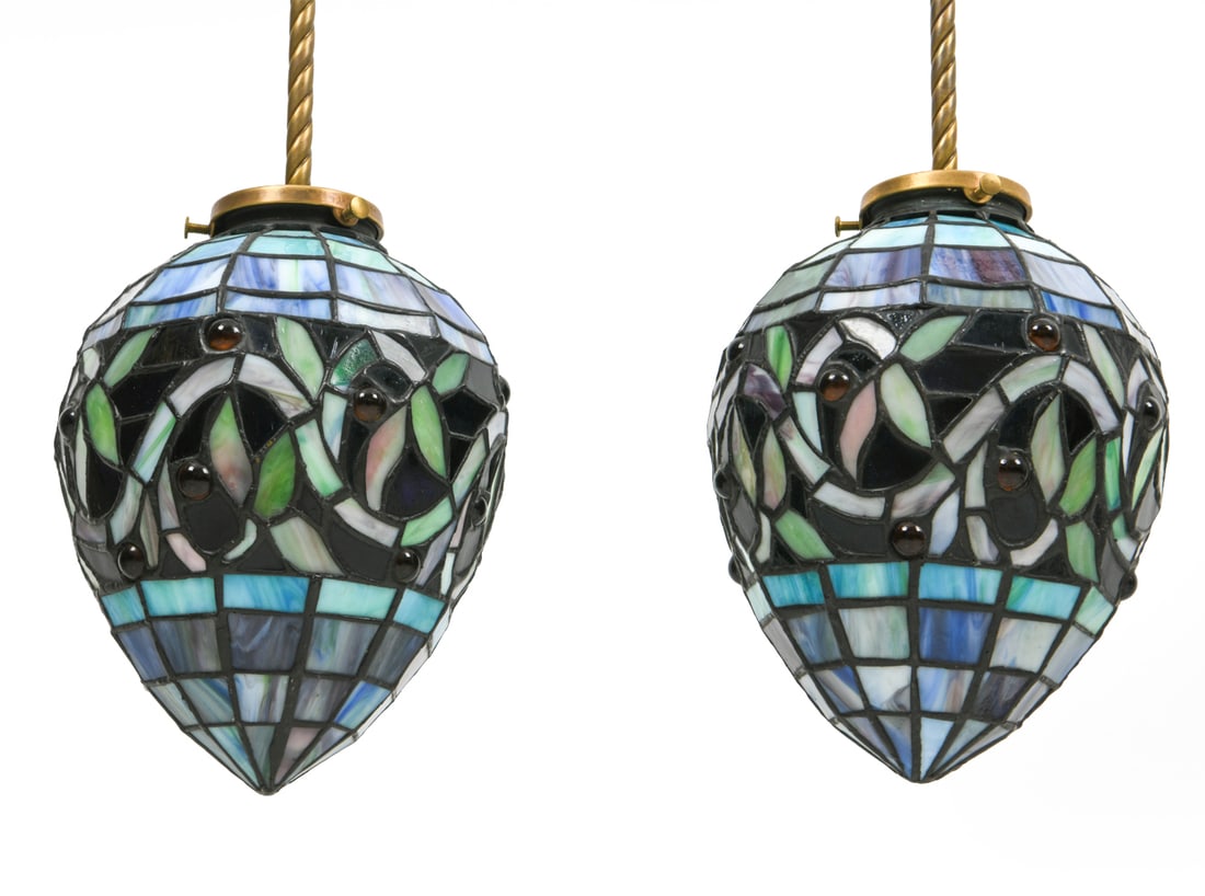 URBAN ARCHEOLOGY PENDANT LIGHTS: Pair of Urban Archeology pendant lights with leaded slag glass shades. Dimensions: H 49" x Dia 8" Condition: Untested.
