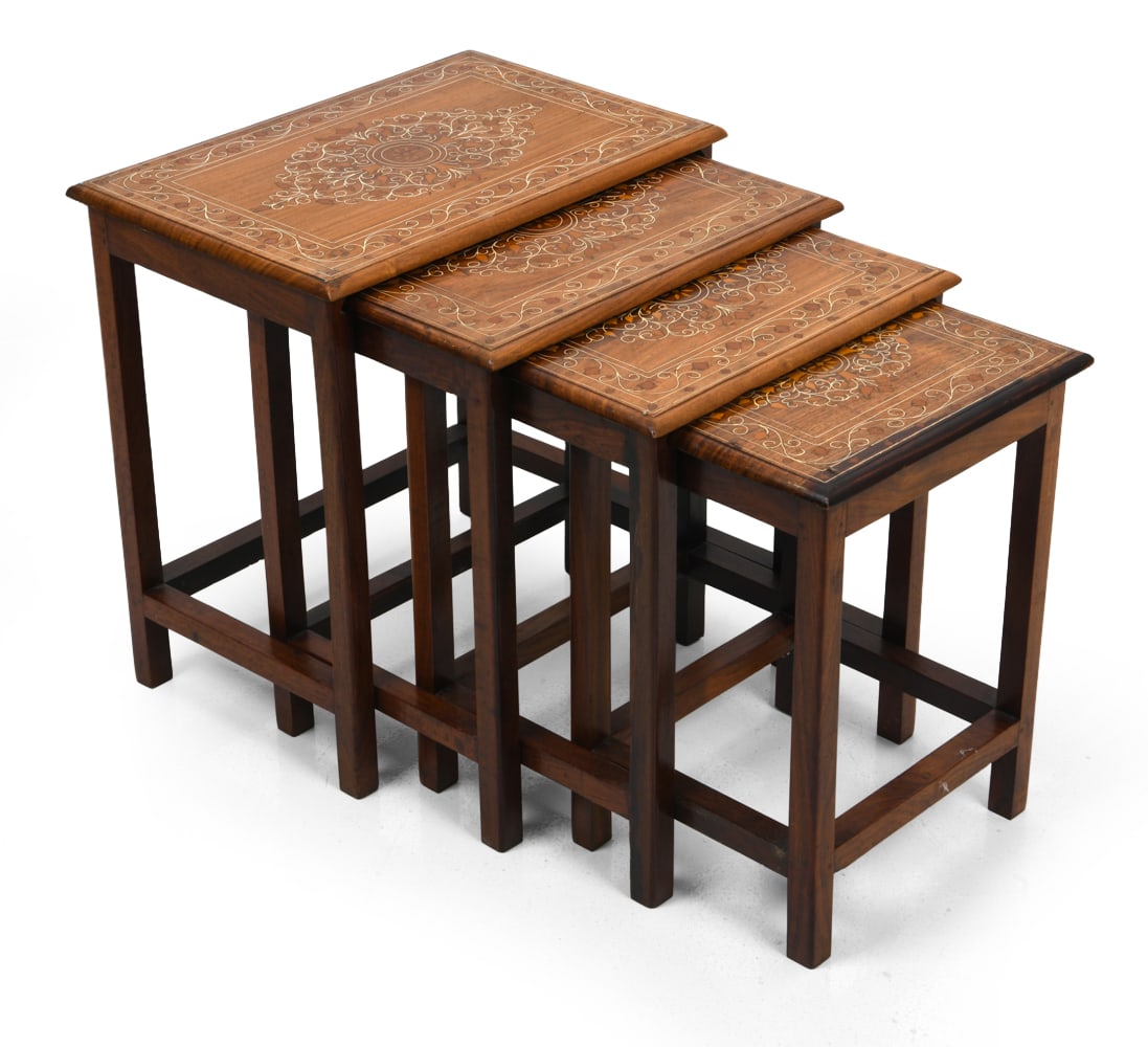 SCANDINAVIAN ROSEWOOD INLAID NESTING TABLES 1960S: (4) Nesting tables with pattern inlaid top. Scandinavian, circa 1960s. Dimensions: (Largest) H 18" x W 18" x D 12" Condition: Wear consistent with age and use. Largest piece has crack to one leg and