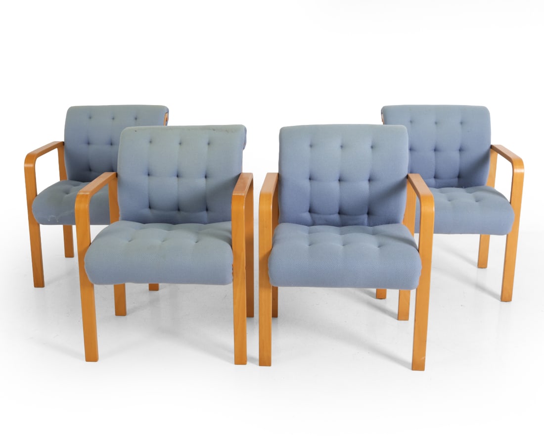 (4) NKR AB SWEDISH BEECH LOUNGE CHAIRS: Bentwood beech frame and blue upholstery. Marked underneath. Sweden, 20th century. Dimensions: H 31" x W 23.25" x D 26" x SH 18" Condition: Wear consistent with age and use. One chair has white