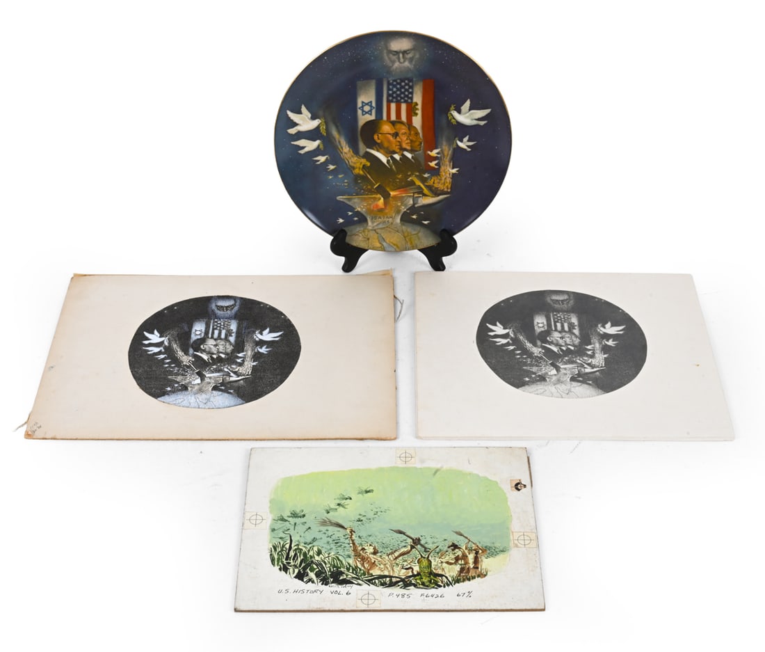 ALTON S TOBEY PROPHECY OF ISAIAH COLLECTOR PLATES: Limited 4000 edition. Grouping of china collector plates, original artwork documents and printed promotional material. Commissioned and copyrighted in 1979 by The Judaic Heritage Society. Dimensions: 