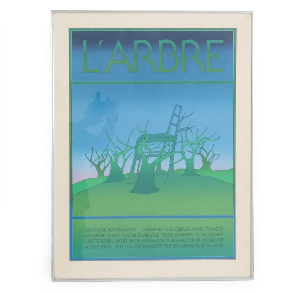JEAN-MICHEL FOLON (FRENCH) EXHIBITION POSTER: 1975 L'arbre exhibition poster. Dimensions: (Frame) H 34.25" x W 25.75" (Sight) H 34" x W 25" Condition: Wear consistent with age. Toning to mat, some dust under the glass. Minor buckling to surface.