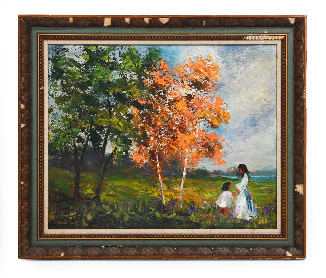 LANDSCAPE OIL ON BOARD PAINTING: Signed "Baron" lower left. Dimensions: (frame) H 22.5" x W 26.5" (board) H 18" x W 24" Condition: Artwork in good overall condition. Frame with heavy stress cracks, chips and losses.