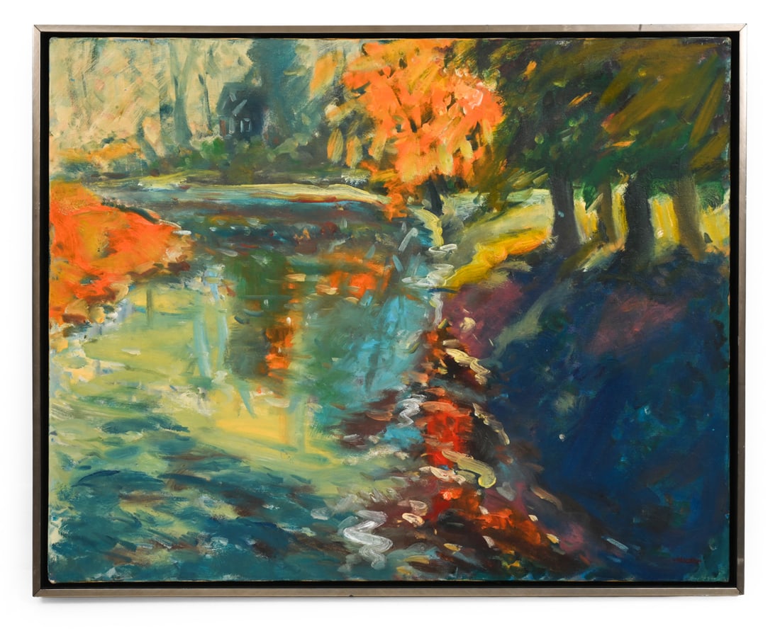 JAMES R. PASCUCCI (1928-2015) IMPRESSIONIST LAKE: Signed on bottom right hand corner. Lake scene oil on canvas. 20th century. Dimensions: (Frame) H 25.25" x W 31.25" (Canvas) H 24" x W 29.75" Condition: Scuffs and wear of finish on frame, especially 