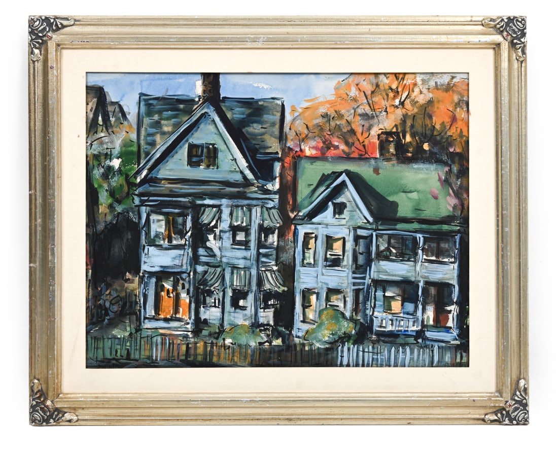 JAMES R. PASCUCCI (1928-2015) HOUSE O/C: Signed and titled lower right and left corners. Dimensions: (Frame) H 18.5" x W 22.5" (Sight) H 13.25" x W 17.25" Condition: Lacking glass. Rubs and loss of paint to frames. Soiling to mat, scratch ac