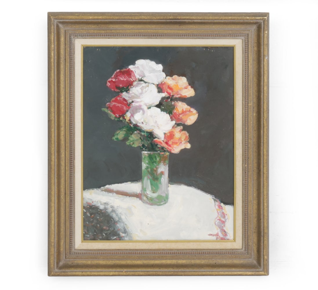 JAMES R. PASCUCCI (1928-2015) STILL LIFE O/B: Signed lower right. Oil on board. Dimensions: (Frame) H 23.75" x W 19.75" (Sight) H 17.5" x W 13.5" Condition: Wear consistent with age. Scuffs, nicks to frame. Minor paint loss to surface at the top